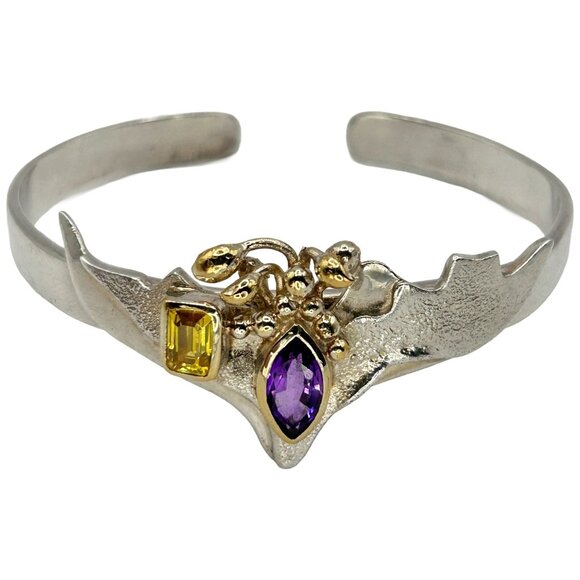 Vintage 925 Sterling Silver Modernist Cuff Bracelet with Amethyst and Citrine - Picture 1 of 5